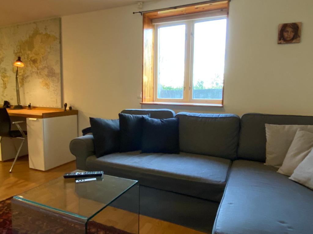 un soggiorno con divano e tavolo in vetro di Apartment Brevik a Brevik