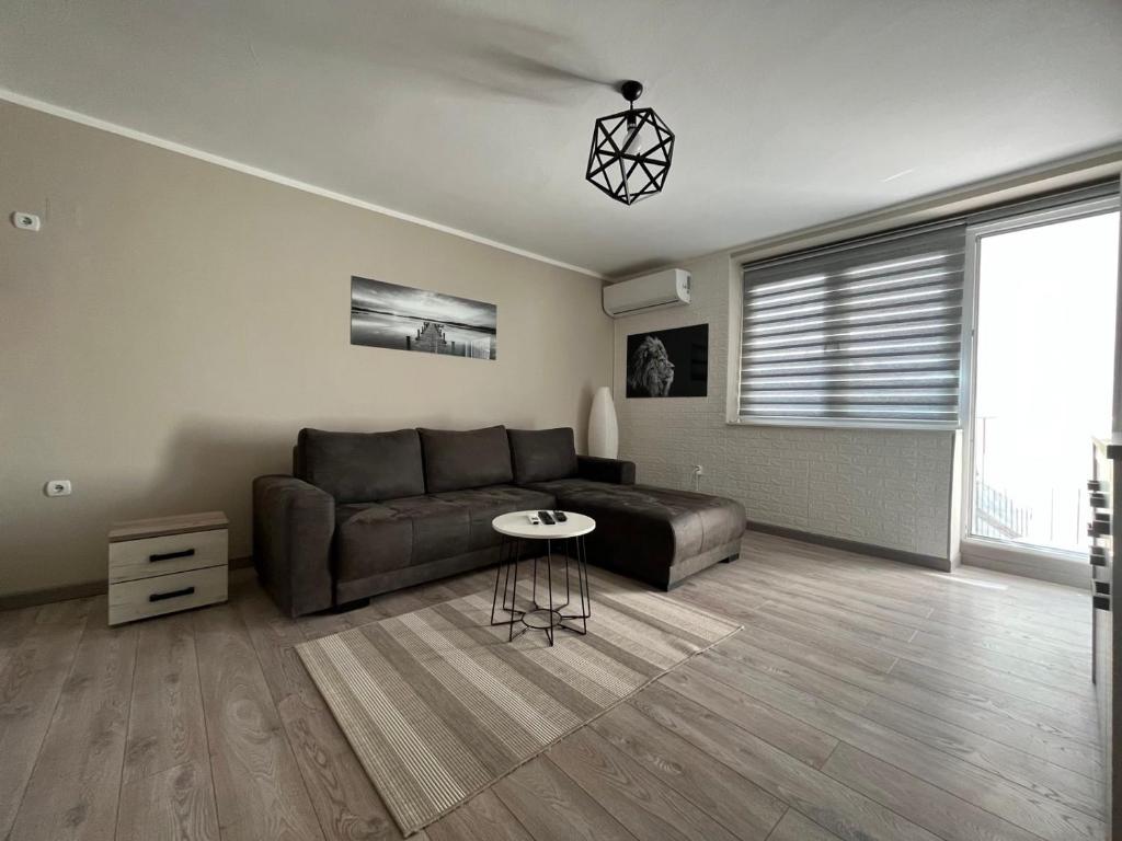 - un salon avec un canapé et une table dans l'établissement Apartman Petrov, à Donji Milanovac