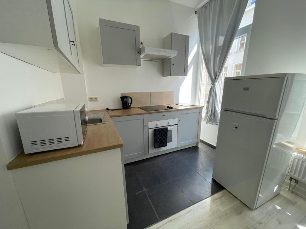 uma cozinha com um frigorífico branco e um fogão em Apartament Brussels 2 em Bruxelas