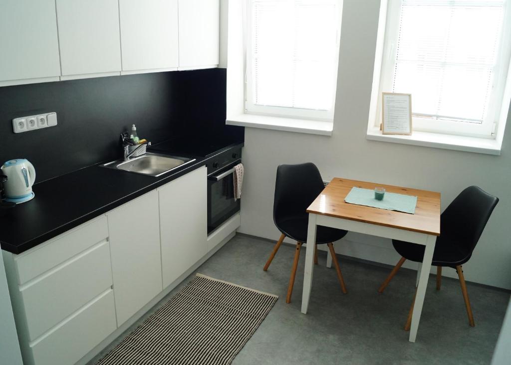uma pequena cozinha com um lavatório e uma mesa em Apartmány Atrium em Litoměřice
