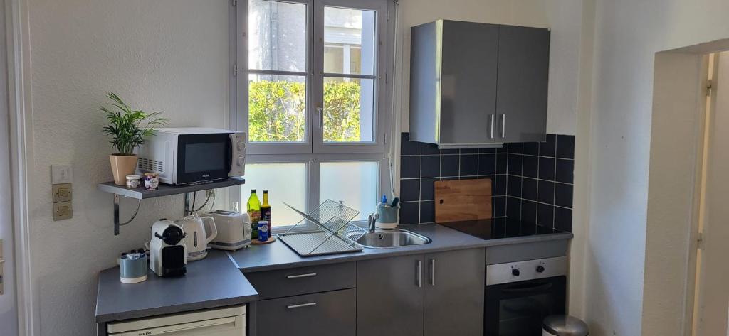 una cucina con lavandino e TV su un bancone di La Baule, Plein Centre/Terrasse a La Baule