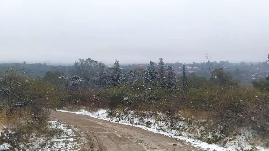 uma estrada de terra com neve e árvores nela em Chalet de Montaña Luna de Valle em Valle Hermoso