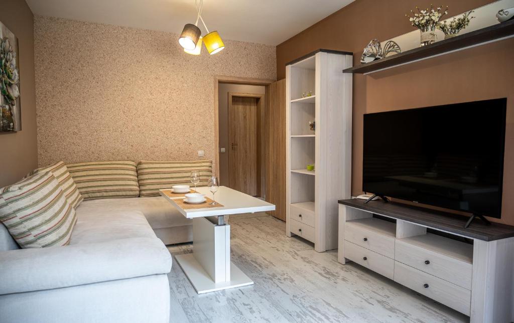 a living room with a couch and a flat screen tv at Elegant spotless apartment in Sofia Center in Sofia