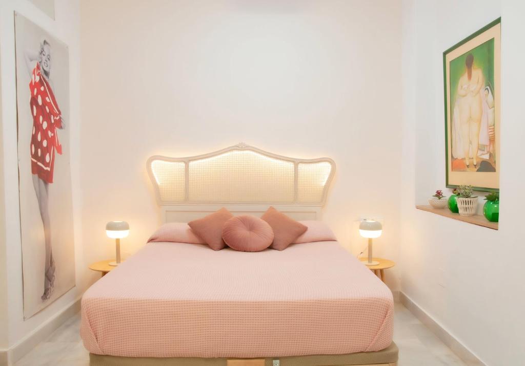 マラガにあるMalaga Dreams Oldtown PARKING-WIFI-AC by Easytripのベッドルーム1室(ピンクの枕が付いたベッド1台付)
