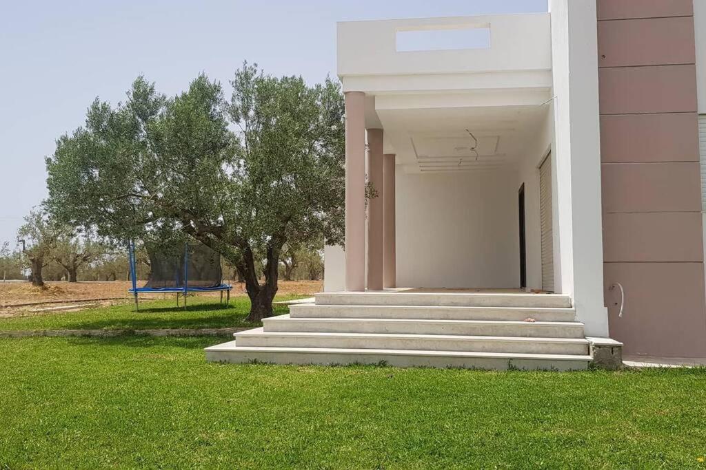 maison spacieuse et lumineuse في Hammamet Sud: مبنى فيه درج وشجر وعشب
