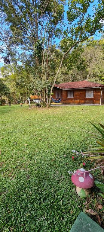 a house in a field with a yard with a mushroom at Cantinho de Mauá in Visconde De Maua