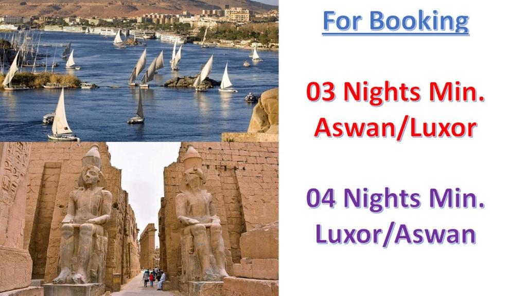 un collage di foto con una statua e delle barche di Luxor Luxury Nile Cruises - From Luxor 04 & 07 Nights Each Saturday - From Aswan 03 & 07 Nights Each Wednesday a Luxor