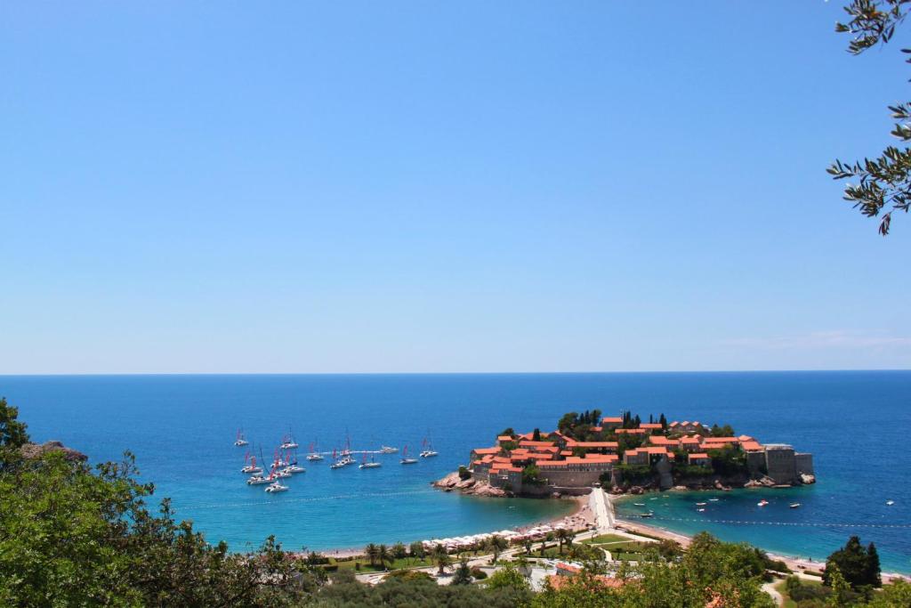 een klein eiland met boten in het water bij Monten in Sveti Stefan