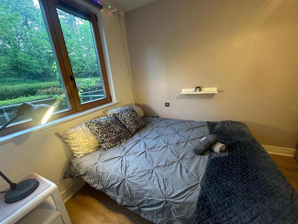 ein kleines Schlafzimmer mit einem Bett und einem Fenster in der Unterkunft Master Bedroom with Ensuite Bathroom & Shower in Leopardstown