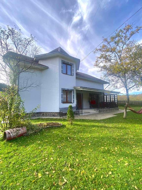 a white house with a green lawn in front of it at Fetal Hut - Плідна Хата in Verkhovyna