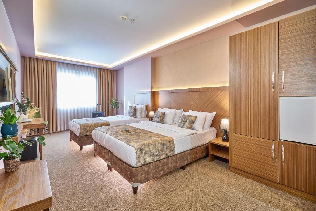 Habitación de hotel con 2 camas y TV en Atro Hotel en Estambul