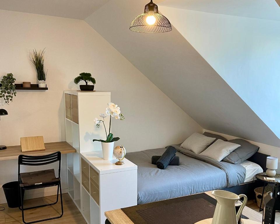ein Schlafzimmer mit einem Bett im Dachgeschoss in der Unterkunft L'Hellébore - Centre ville de Rennes in Rennes