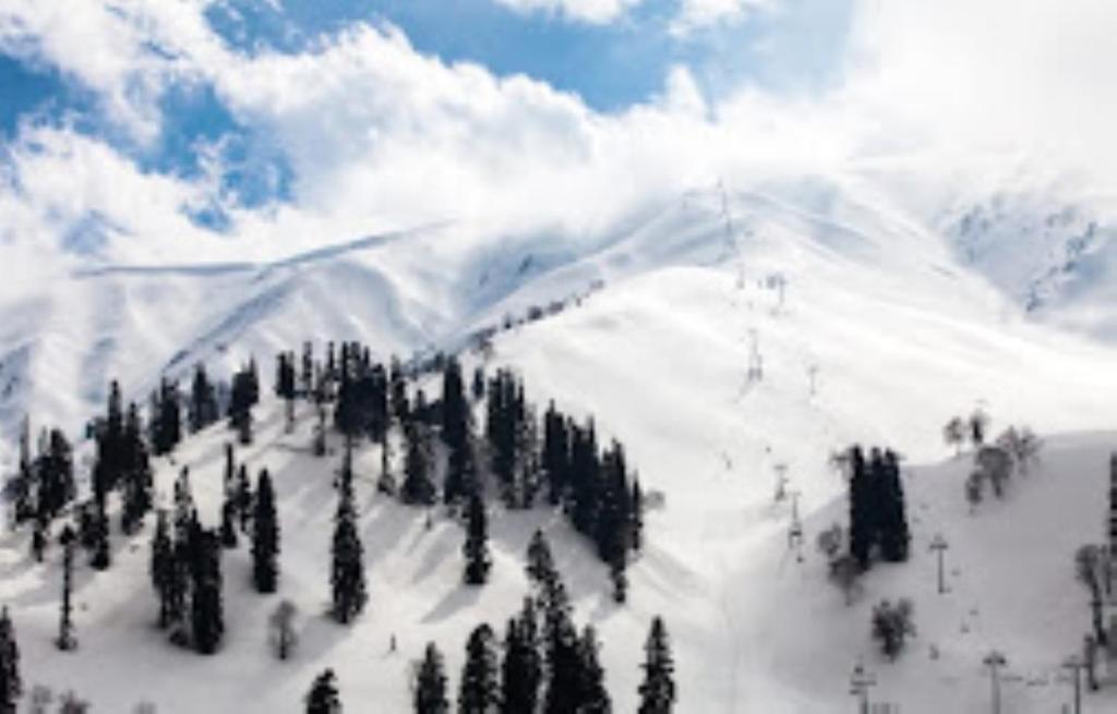 uma montanha coberta de neve com árvores e um teleférico em Hotel City Way, Srinagar em Srinagar