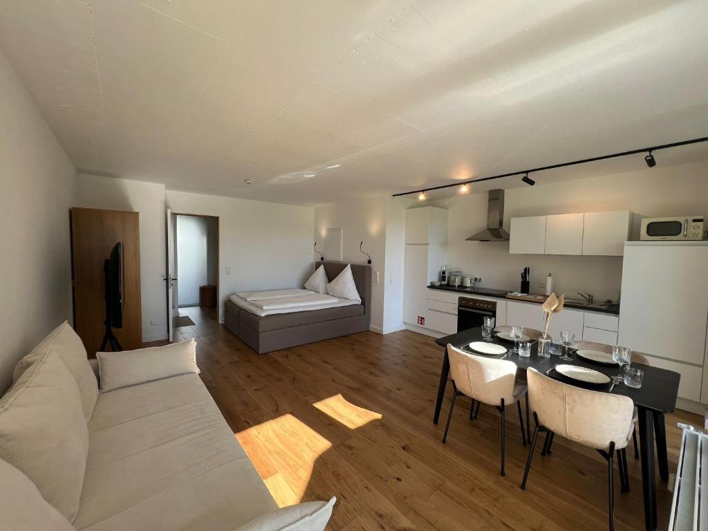 ein Wohnzimmer mit einem Sofa und einem Tisch mit Stühlen in der Unterkunft Urban Lodges - Studio Apartments am Seerhein in Konstanz