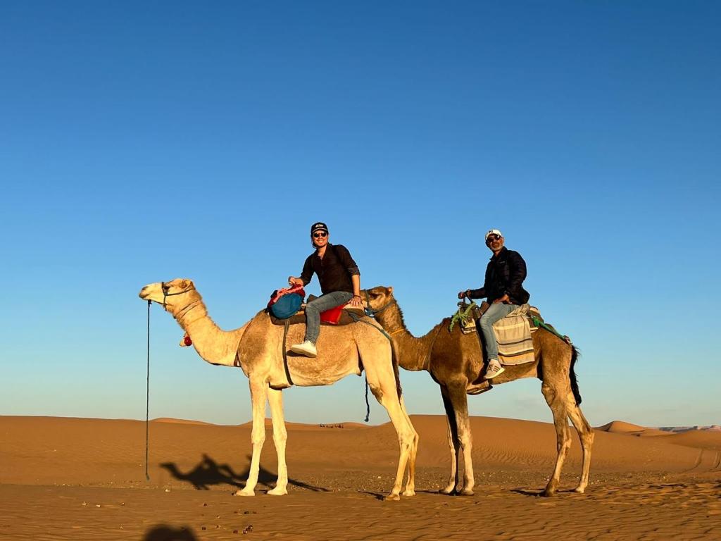 two men riding on camels in the desert at SAHARA WAVES CAMP in Merzouga