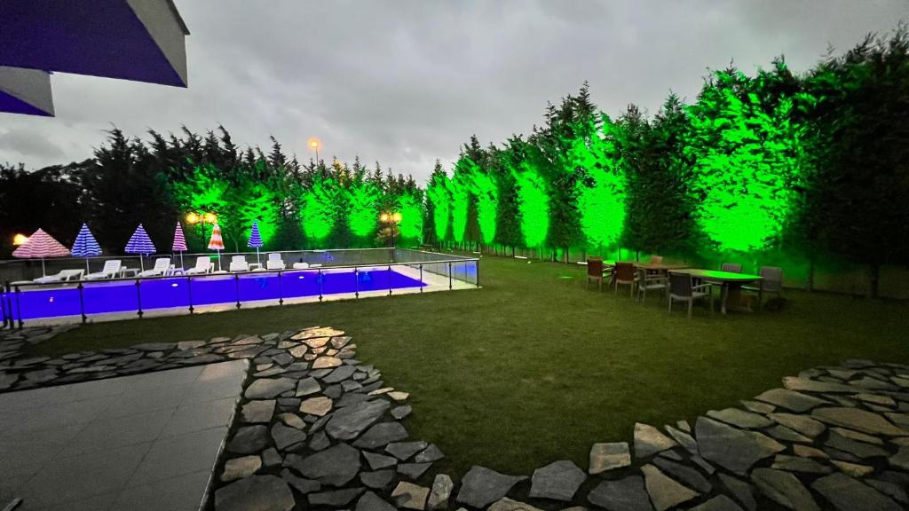 einen Garten mit grüner Beleuchtung, Tischen und Stühlen in der Unterkunft Private Villa with Swimming Pool in Türkoba