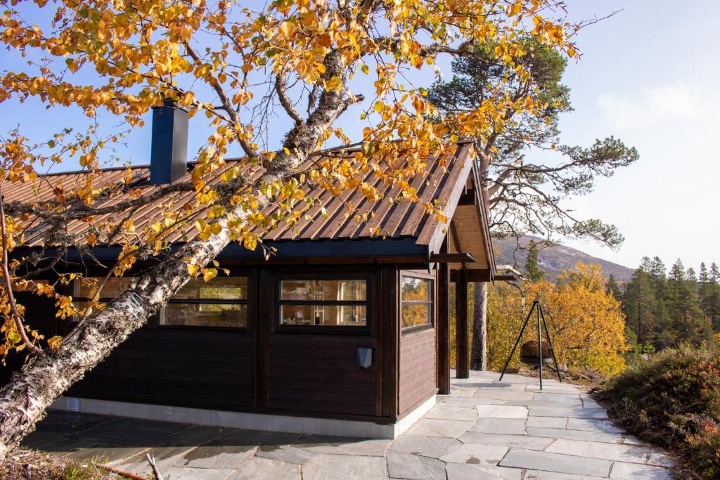 een kleine hut met een dak en een boom bij Heimstølen - Cabin at Sørbølfjell in Flå