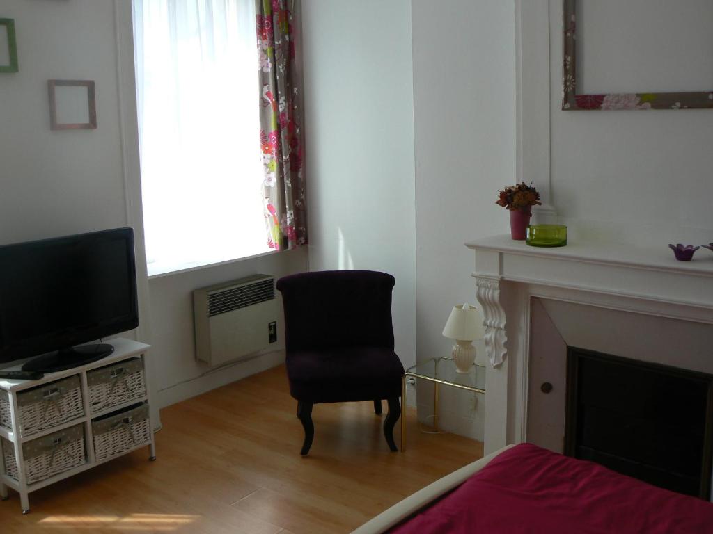 un salon avec une chaise et une télévision dans l'établissement Le cocon, à Cherbourg en Cotentin