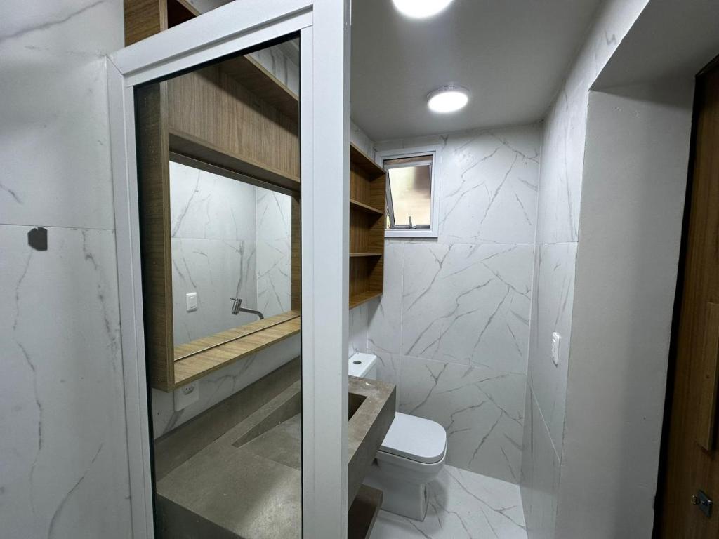 a bathroom with a toilet and a large mirror at LOFTS GREEN ISLAND in Angra dos Reis