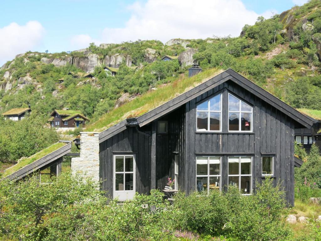 Åseral的住宿－Holiday Home Morgenro - SOW160 by Interhome，一座带草屋顶的黑色房子