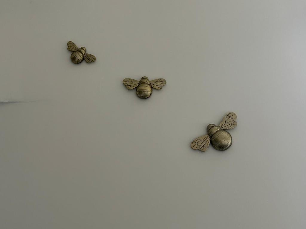 vier Schmetterlinge aus Bronze auf weißem Hintergrund in der Unterkunft Modern 1 bed Flat with Private Courtyard in Newport