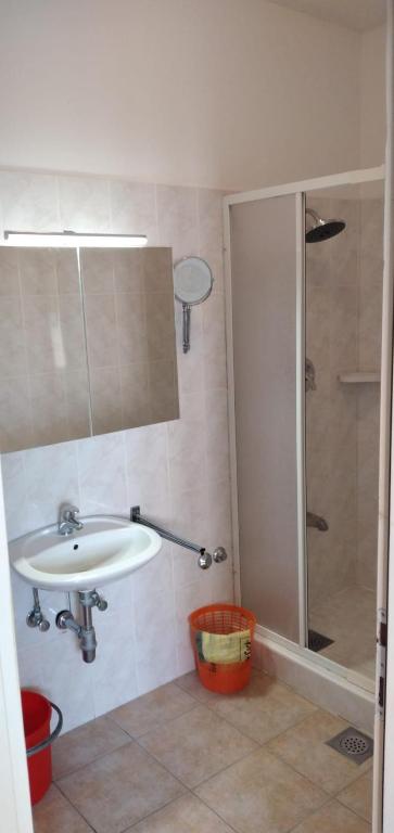 łazienka z umywalką i prysznicem w obiekcie Apartment in Medulin with sea view, balcony, air conditioning, W-LAN (112-5) w Medulinie