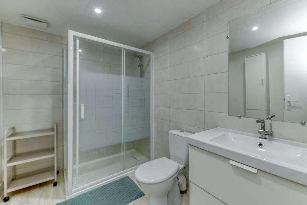 a bathroom with a toilet and a shower and a sink at Le Charme Antique¶ Belle maison¶ Centre Gières in Gières