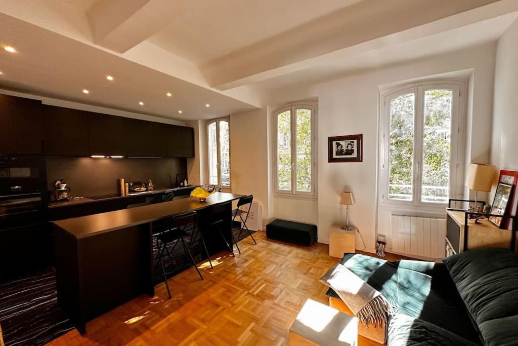 - une cuisine et un salon avec un comptoir et un canapé dans l'établissement Magnifique Nid douillet au Cœur Marseille Reformés, à Marseille