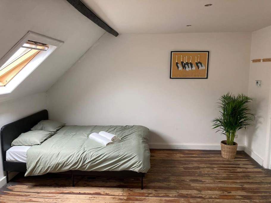 a bedroom with a bed and a potted plant at Cozy attic apartment in Antwerp