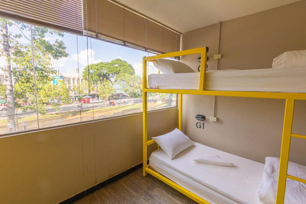 a room with two bunk beds and a window at Chang Chang Hostel in Chiang Mai