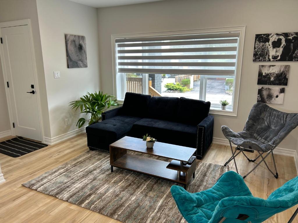 a living room with a black couch and a table at Brand New Home in Hamilton in Hamilton