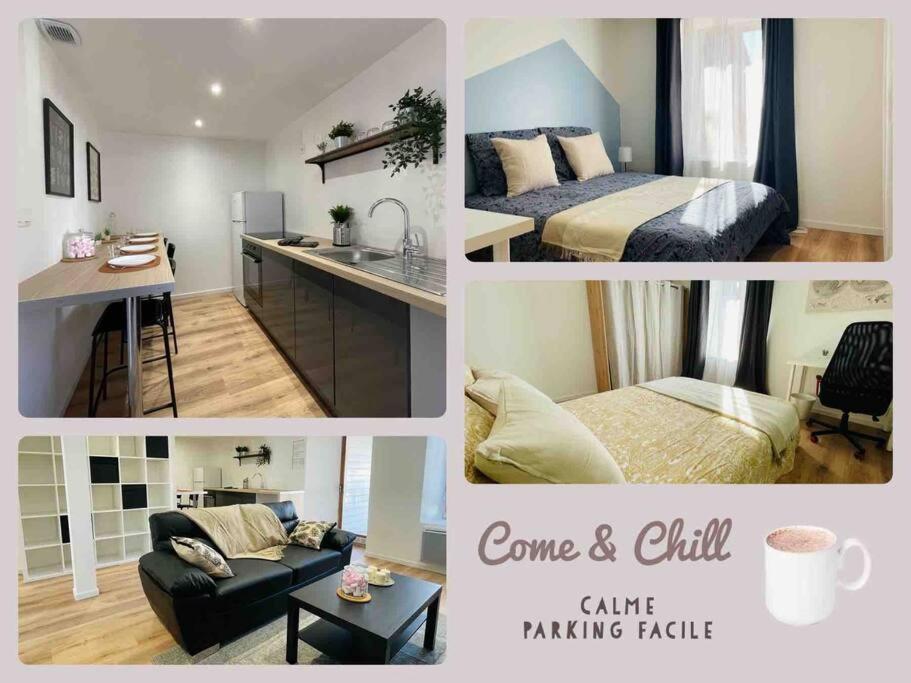 a collage of pictures of a bedroom and a living room at Come & chill in Belfort