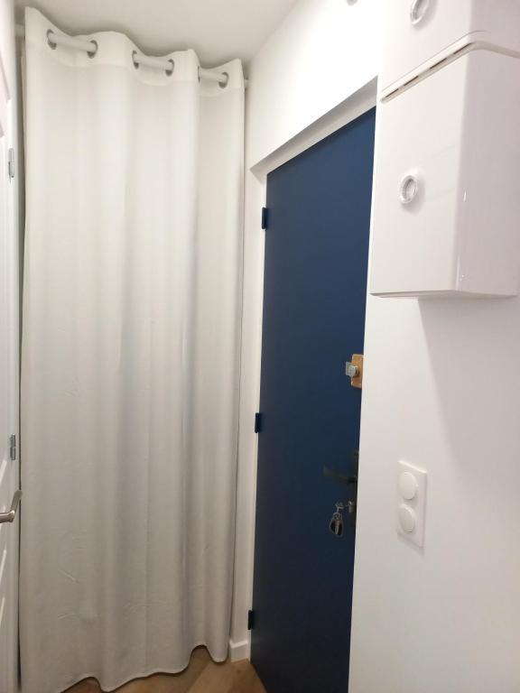 a bathroom with a blue door and a shower curtain at Cosy &amp; Chic - Hyper centre - Wifi - Proche gare in Châteauroux