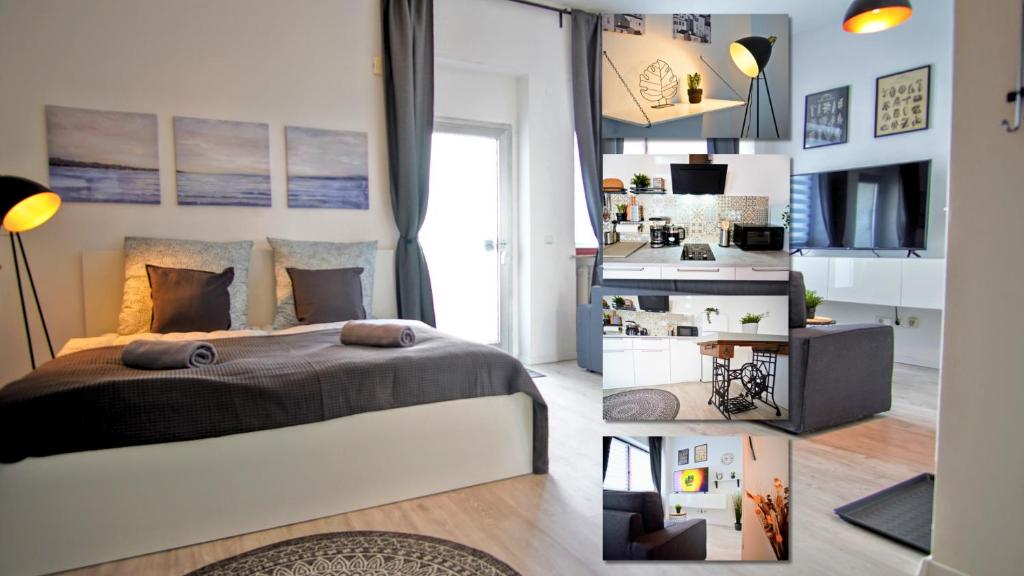 ein Schlafzimmer mit einem Bett und ein Wohnzimmer in der Unterkunft ☆Nostalgie Apartment I Innenstadt I Smart TV I Küche in Kaiserslautern