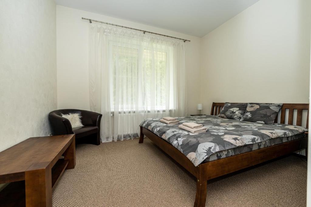 a bedroom with a bed and a chair and a window at Mežnoras holiday house in Šņores