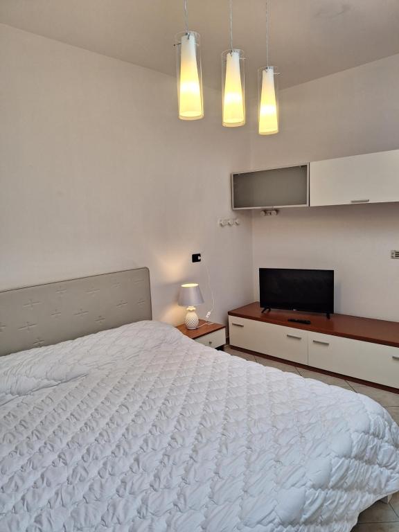 Schlafzimmer mit einem Bett und einem Flachbild-TV in der Unterkunft Cozy home with parking & wi -fi in Marina di Ravenna