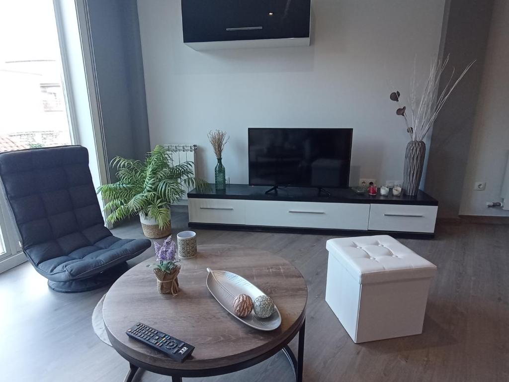 a living room with a coffee table and a television at Ap Dúplex en Casco Histórico in Ourense