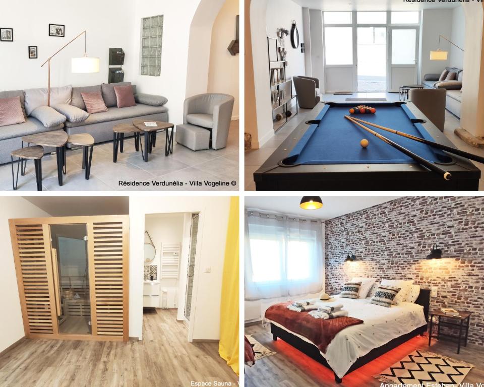 four different views of a living room and a pool table at Séjour en famille ou entre amis: Sauna, Billard in Bains-les-Bains