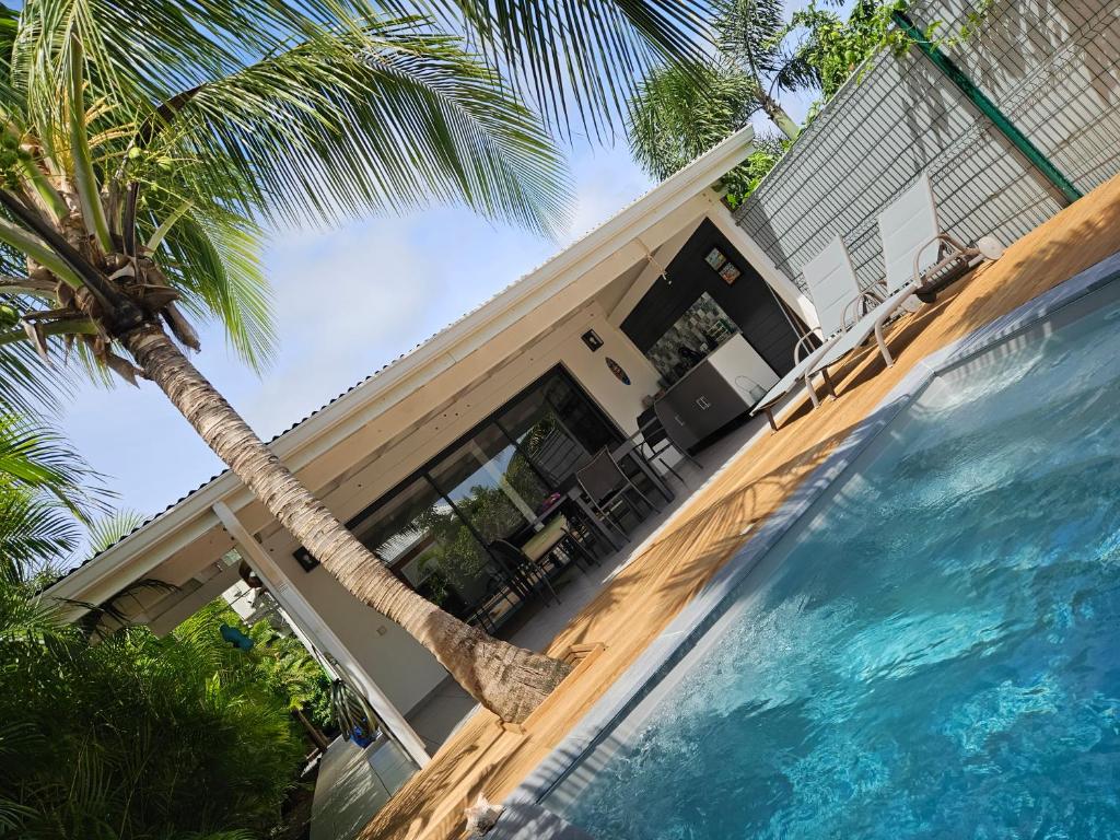 a house with a palm tree next to a swimming pool at Kaza Lenah villa 2 chambres dont une en mezzanine, piscine et cuve tampon, Saint-François in Saint-François