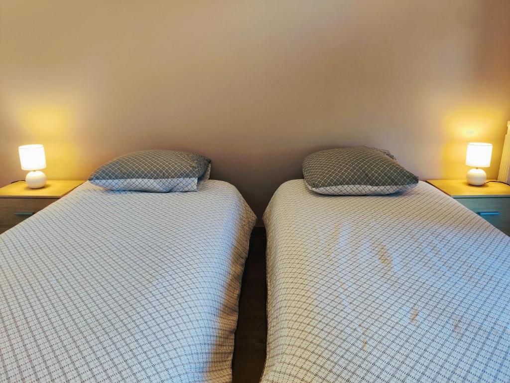two beds in a room with two lights on the wall at Vigny du lac in Publier