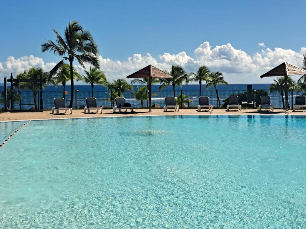 una piscina con sillas, palmeras y el océano en Studio avec vue mer exceptionnelle, plage et piscine, Village Vacances Sainte-Anne en Sainte-Anne