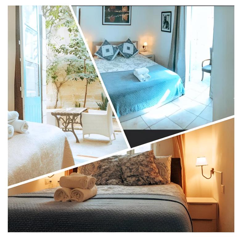 a collage of two pictures of a bedroom at The Maltese Sun in Sliema
