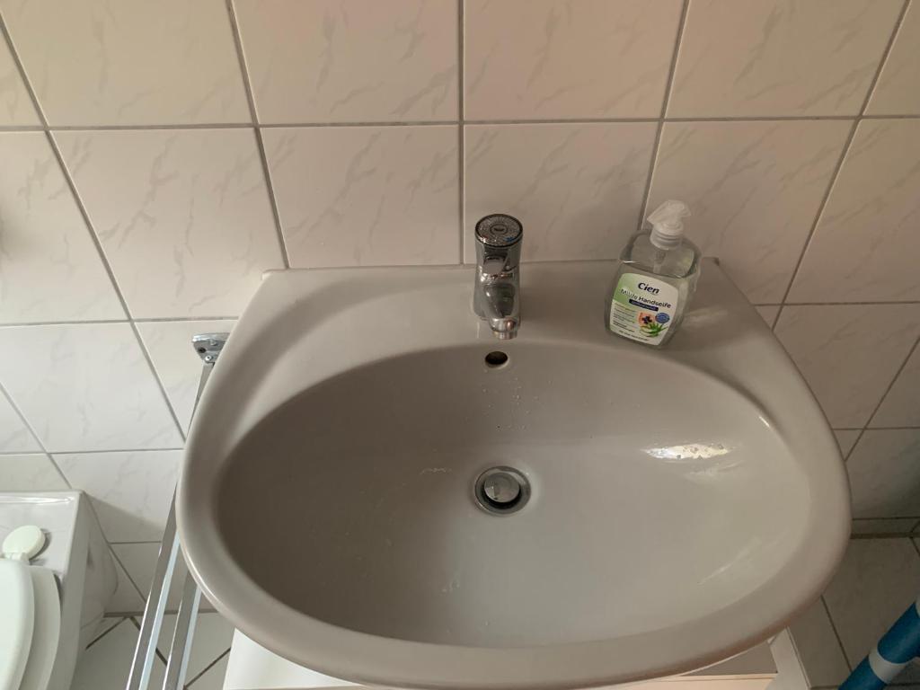 ein Waschbecken mit einer Flasche Seife drauf in der Unterkunft Studio Heidelberg in Heidelberg