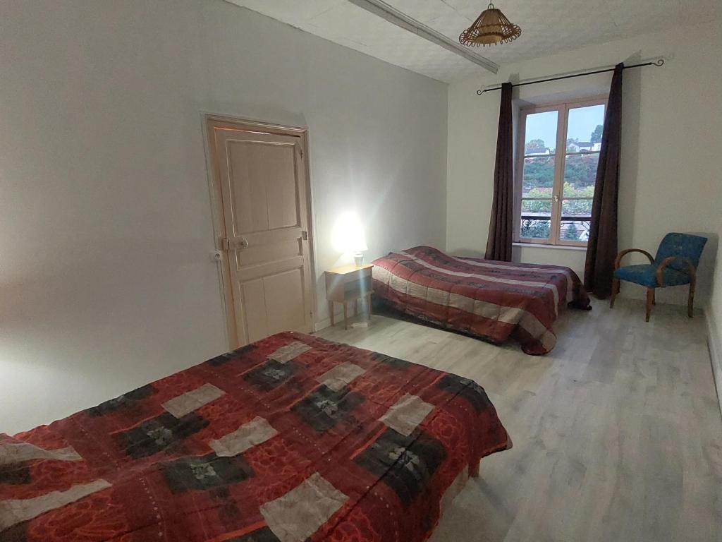 1 dormitorio con 2 camas y ventana en Les hortensias studio 6, en Bourbonne-les-Bains