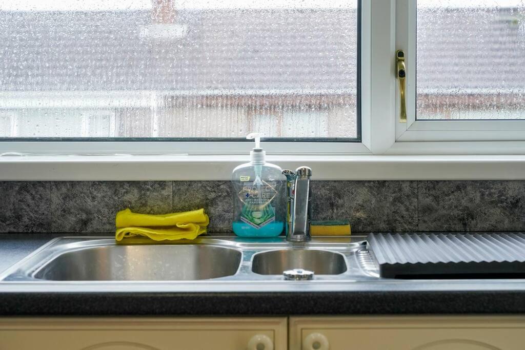 a kitchen sink with a bottle of soap on it at 2 Bed Apartment near Belfast & Ferry in Belfast