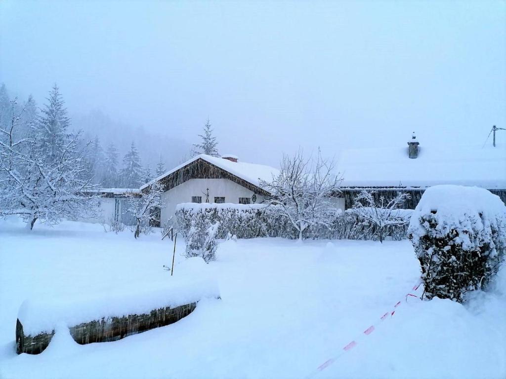 een tuin bedekt met sneeuw met een huis op de achtergrond bij Yannsa in Untertweng