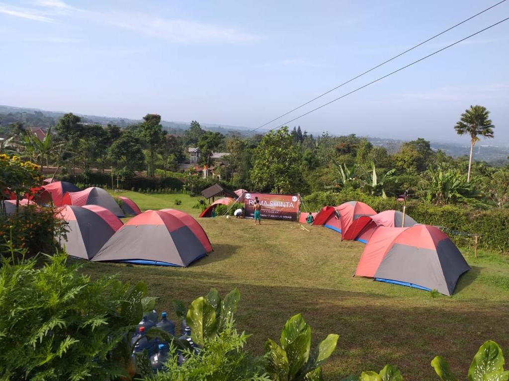 にあるCamp Bukit Biru Kalimantanの野原にテントが並んでいる