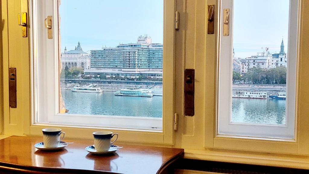 duas chávenas de café numa mesa em frente a duas janelas em Schieszl Apartments 2 em Budapeste