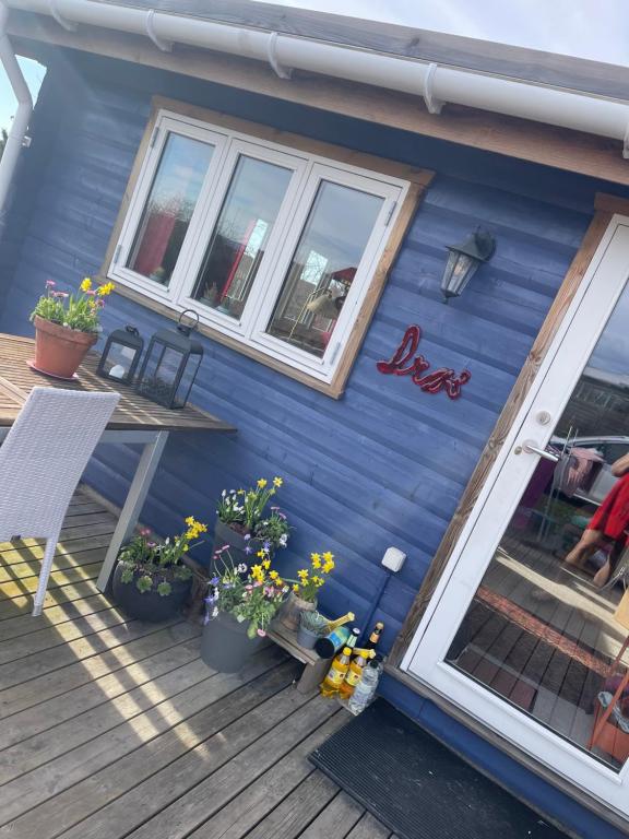 斯萊斯的住宿－Norsk bjælkehytte med fibernet，甲板上种有盆栽植物的蓝色房子