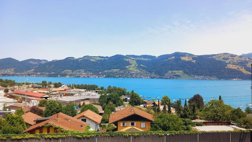 uitzicht op een stad met een meer en bergen bij Swiss Apartment Thunersee in Einigen